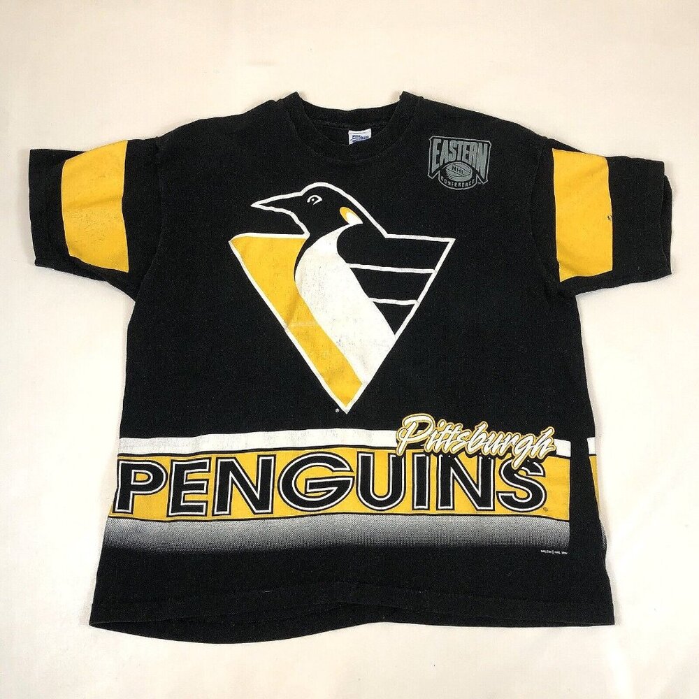 Vintage Pittsburgh Penguins Salem Sportswear Black AOP T-shirt 1994 Size XL USA